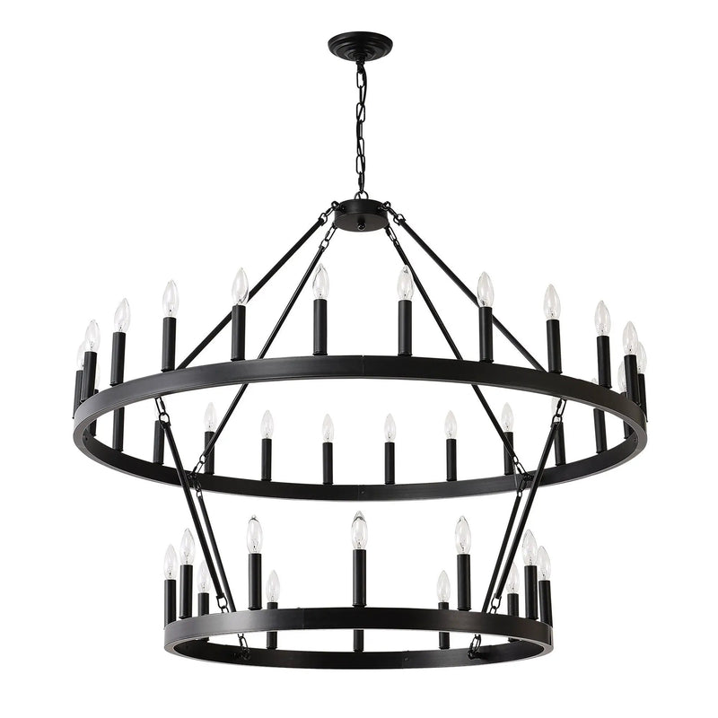 2 Tiers Wagon Wheel Chandelier Wooden Farmhouse 36 Light (24 / 12) Or (12 / 24) Metal Chandeliers 2 Story Light Fixtures Industrial For High Ceiling Living Dining Room Foyer, Adjustable Height - Black by HouseOfZazla