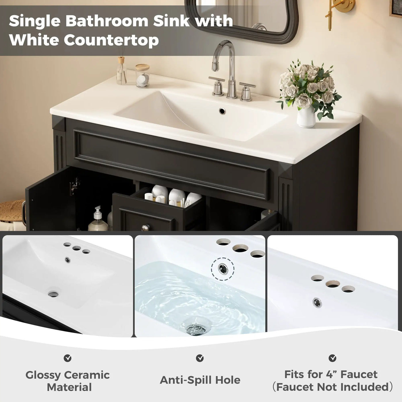 36 Inch Wall Mounted Bathroom Cabinet with Ceramic Sink and Drawers by HouseOfZazla