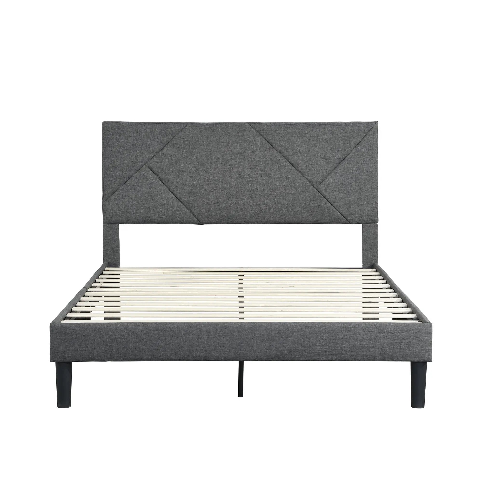 Full Size Upholstered Platform Bed Frame With Headboard, Strong Wood Slat Support, Mattress Foundation, No Box Spring Needed - Gray by HouseOfZazla