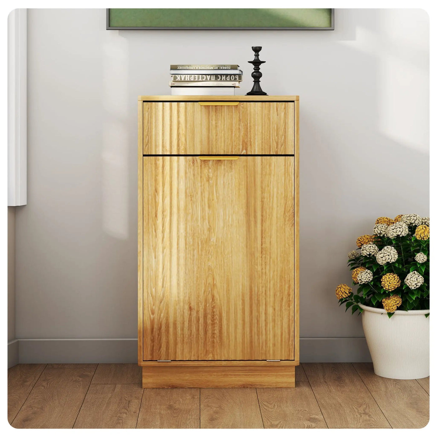 Tilt Out Trash Can Cabinet With Wave Textured Drawer & Pull Out Bin by HouseOfZazla
