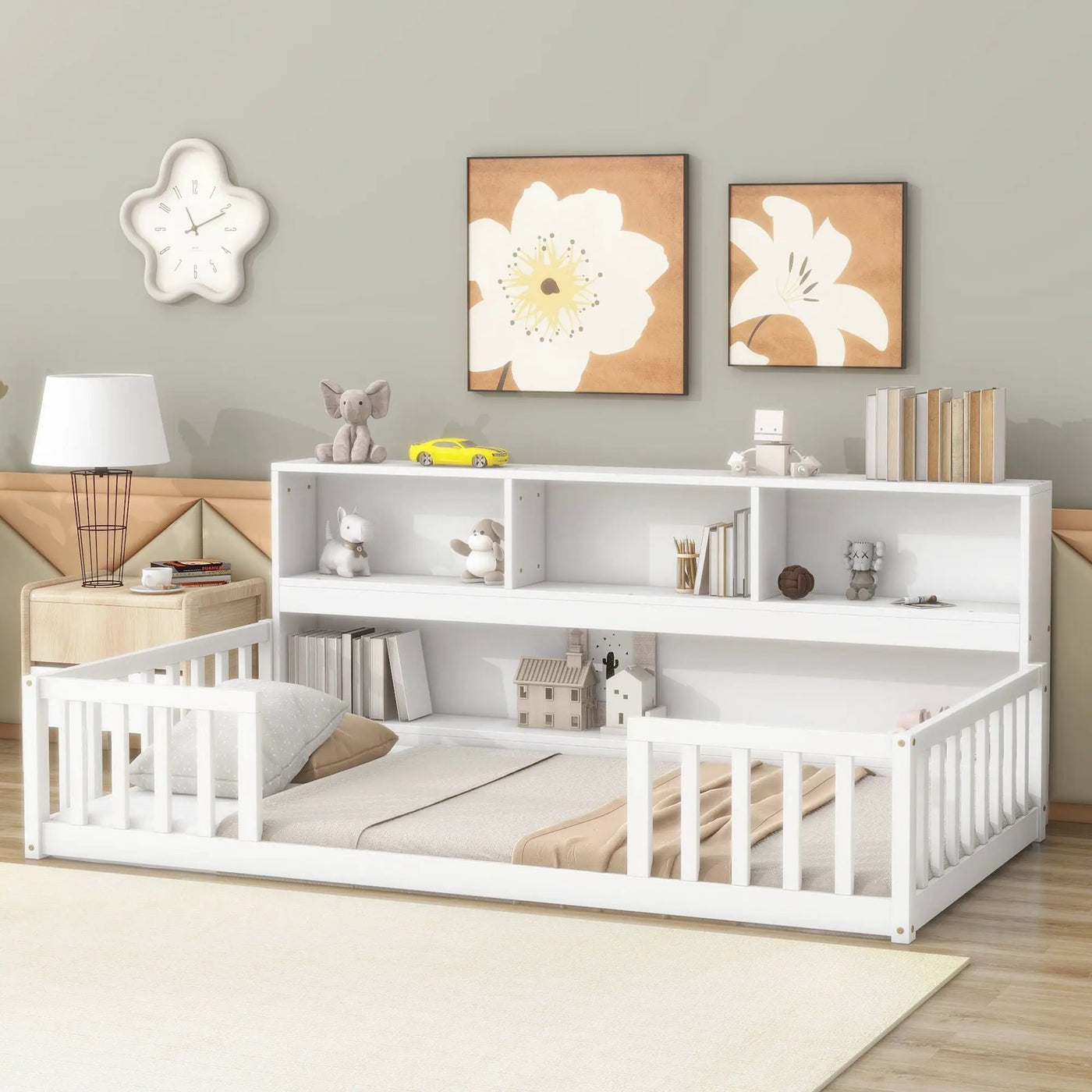 Floor Bed With Bedside Bookcase, Shelves, Guardrails by HouseOfZazla