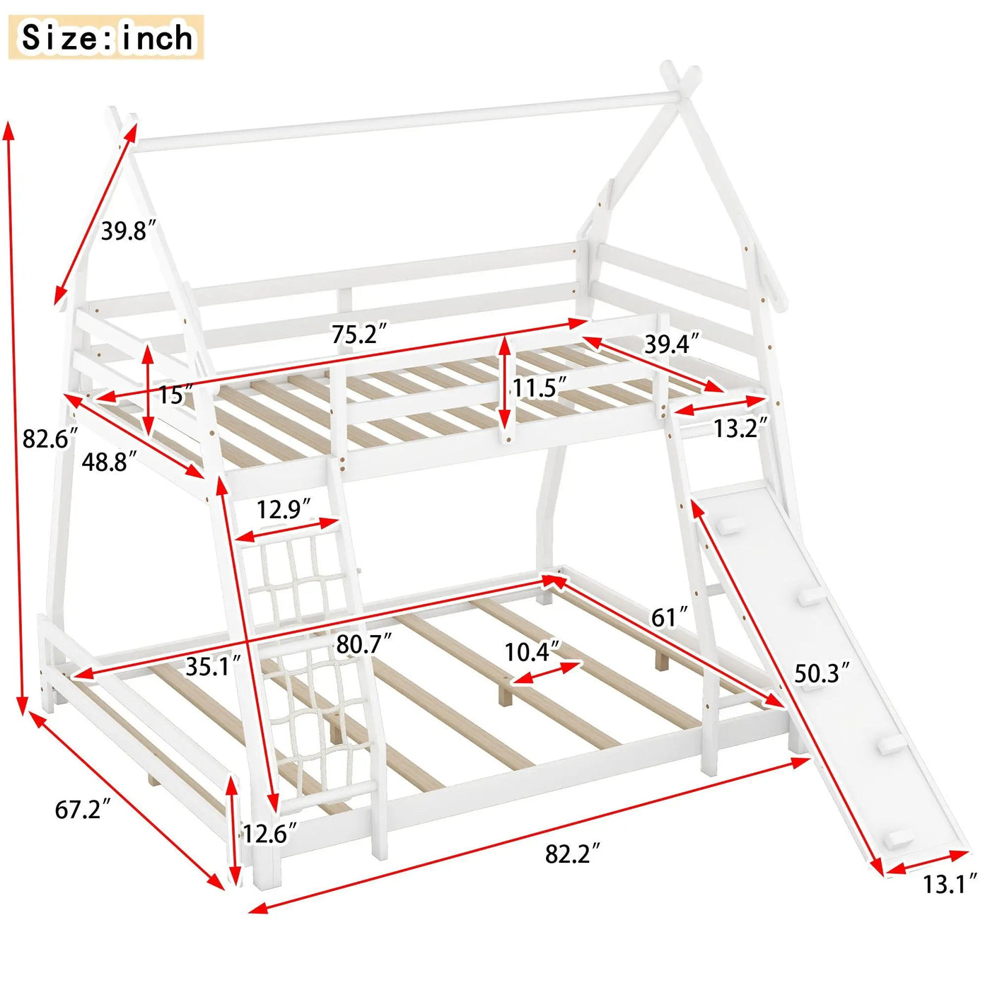 Twin Over Queen House Bunk Bed With Climbing Nets And Climbing Ramp by HouseOfZazla