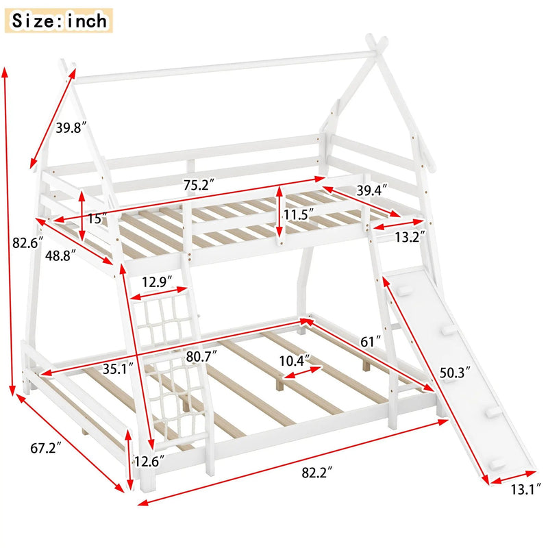 Twin Over Queen House Bunk Bed With Climbing Nets And Climbing Ramp by Unique Piece Furniture