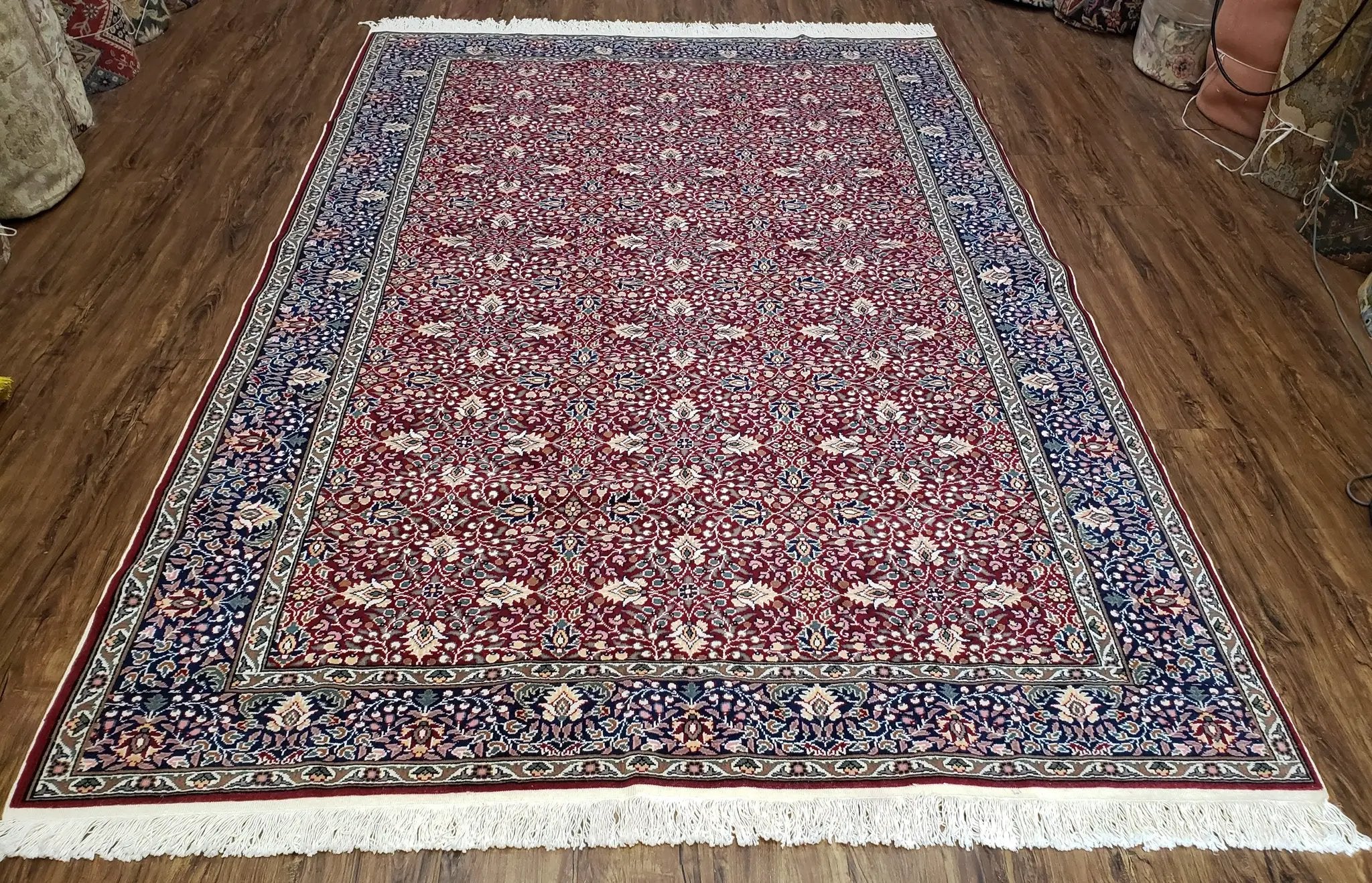 Vintage Turkish Sivas Area Rug 6.5 x 9.5, Wool Hand-Knotted Red & Midnight Blue Allover Floral Pattern Oriental Carpet, 6x9 Traditional Rug by Jewel Rugs