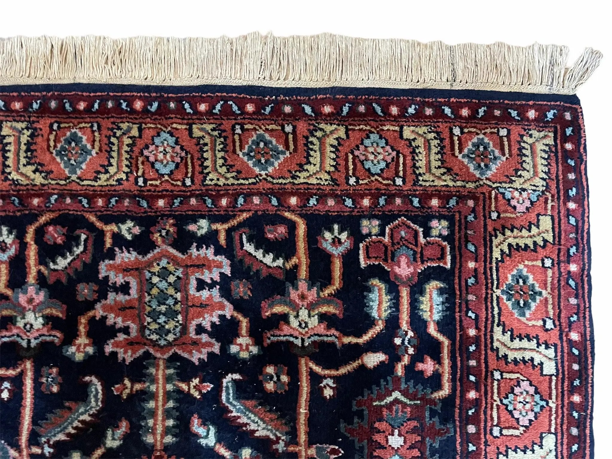 4x6 Vintage Handmade Wool Geometric Rug Organic Dyes Blue Red Hand-Knotted Rug by Jewel Rugs