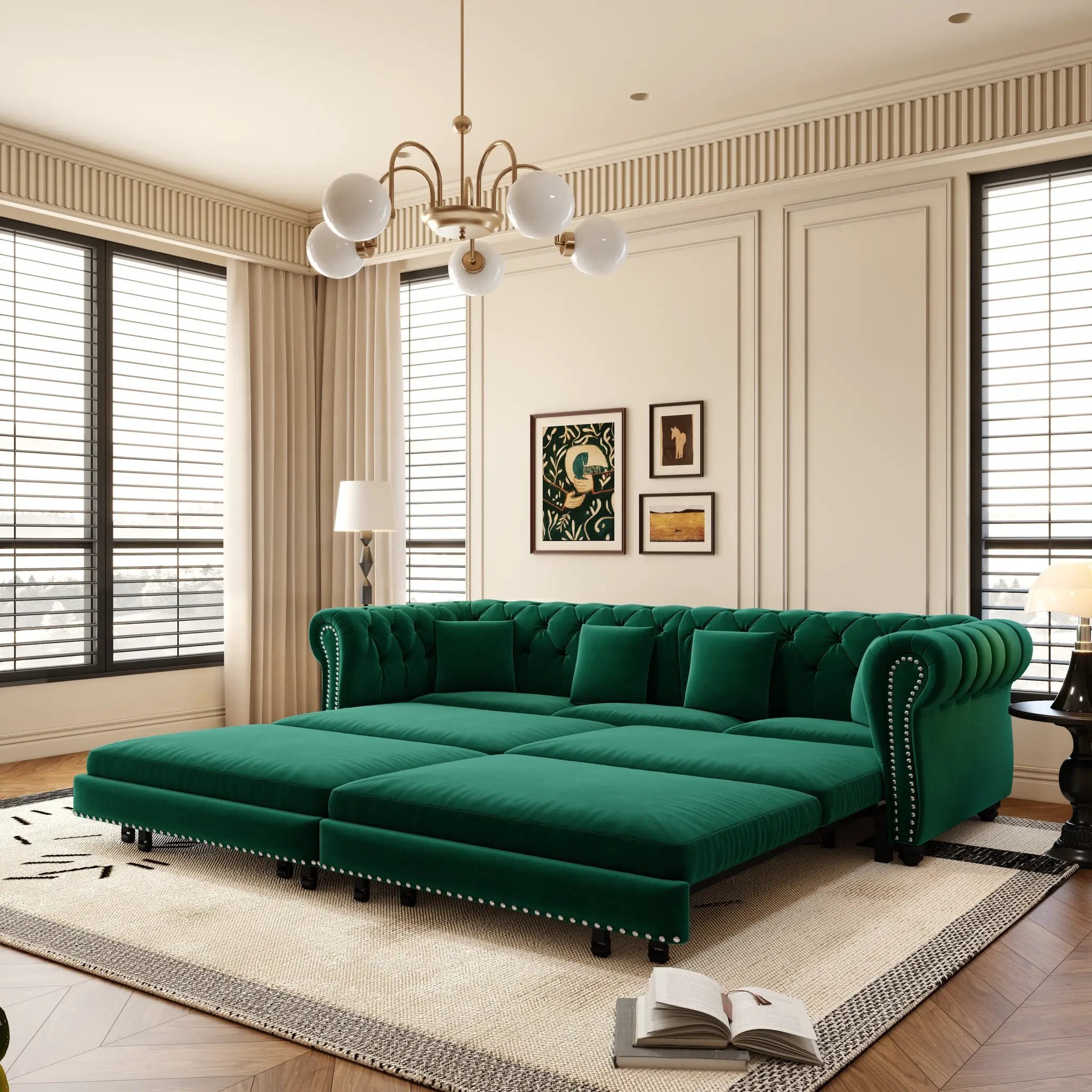 Chesterfield 3-in-1 Pull-Out Sofa Bed - Green by HouseOfZazla