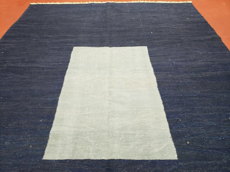 Large Blue Turkish Kilim Rug 7x10, Handmade, Wool by Jewel Rugs