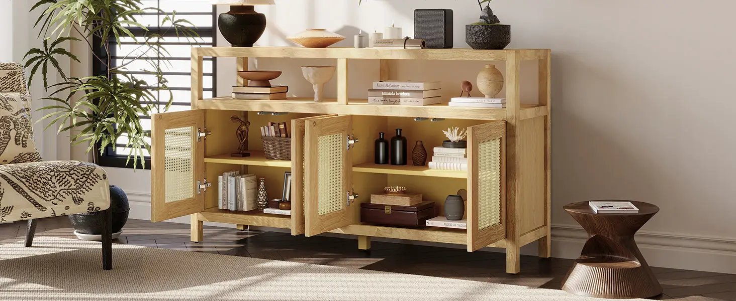 Bohemian Style Rattan Buffet Storage Cabinet with Solid Wood Frame by HouseOfZazla