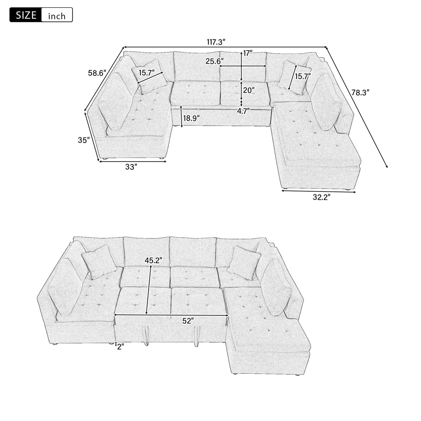 Oversized Sectional Sofa U-Shaped Sofa Couch Pull-Out Sofa Bed With Two Throw Pillows For Living Room by HouseOfZazla