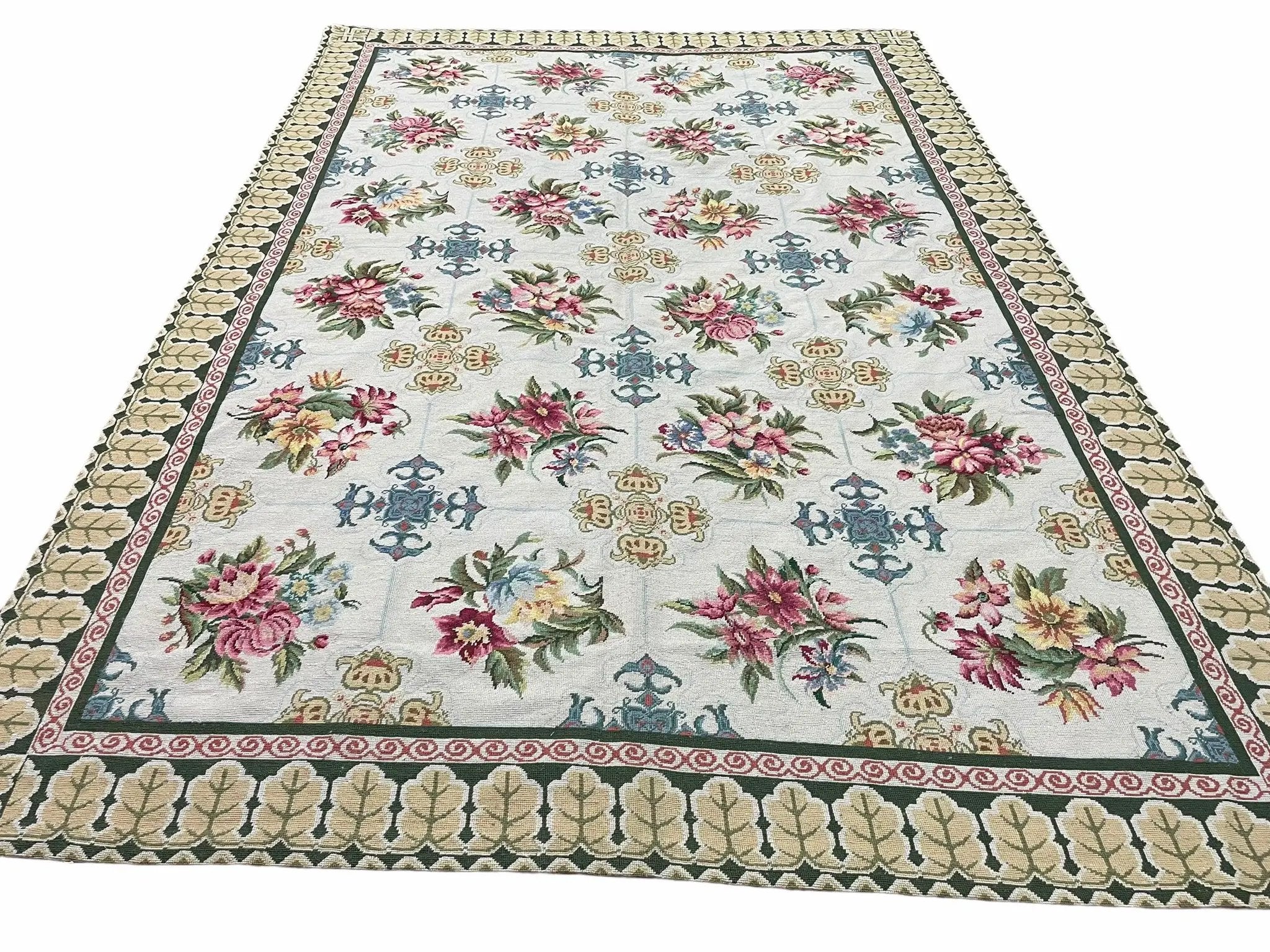 Hand-Knotted Needlepoint Carpet 6x9, Ivory/Cream Background, Colorful Flowers, Yellow Border, Aubusson Rug 6 x 9, New, Handmade by Jewel Rugs