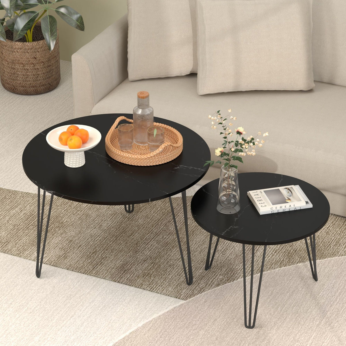 Rustic Round Nesting Coffee Table Set of 2 with Metal Frame - White, Black, Light Brown, photo 8 of 12