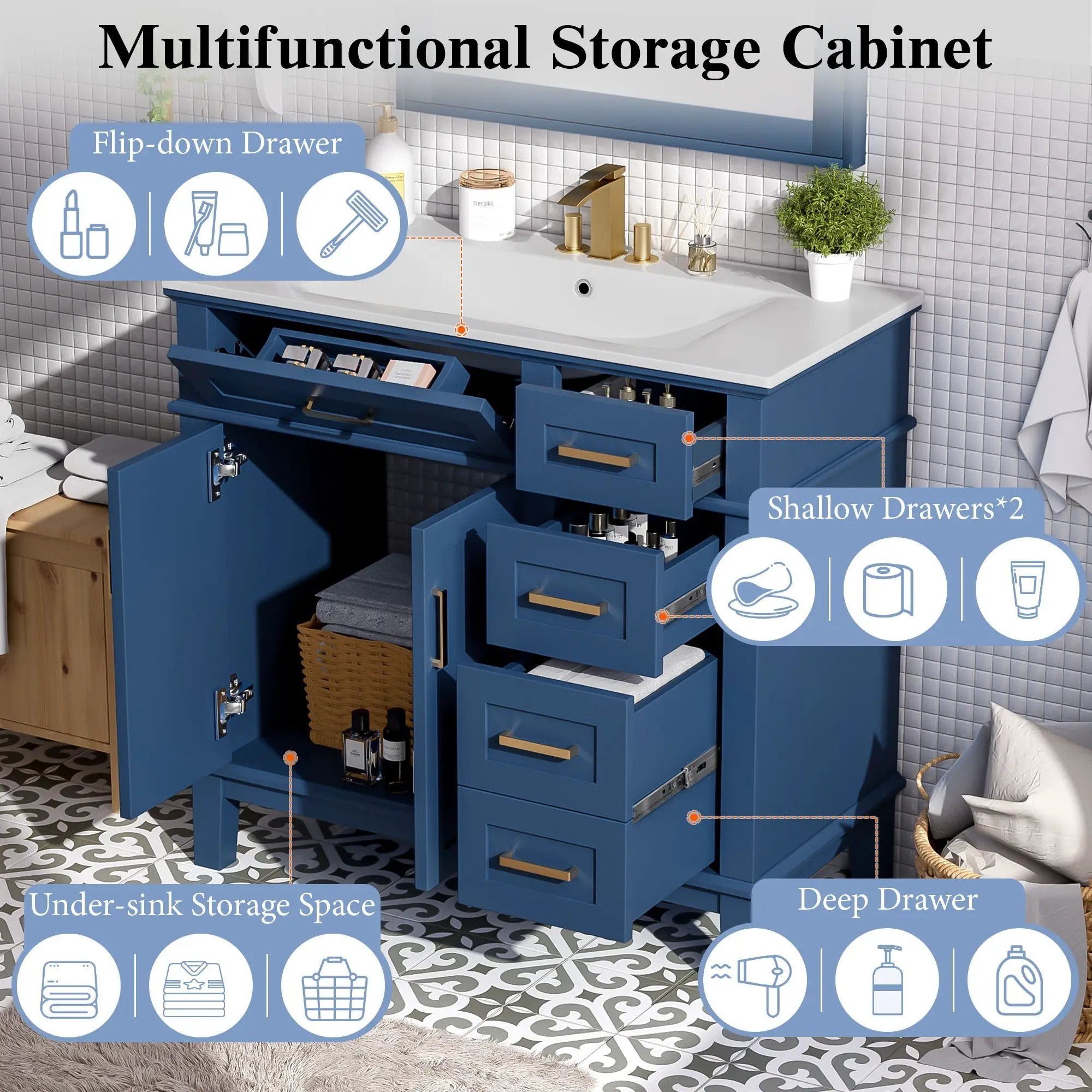 Bathroom Vanity With Ceramic Sink, Soft-Close Doors, 4 Storage Drawers - Blue by HouseOfZazla