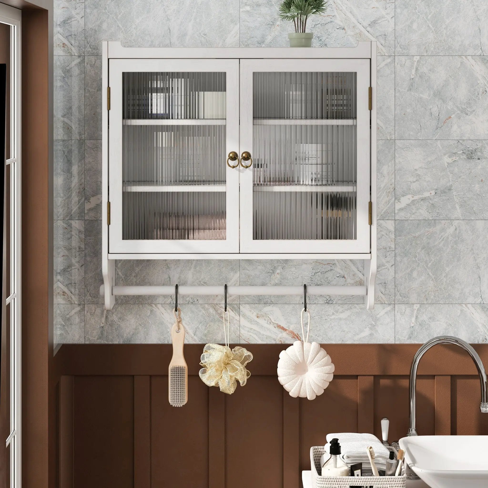 Vintage Double Door Wall Cabinet With Three Tiers Storage And Towel Rack - White Washed by HouseOfZazla