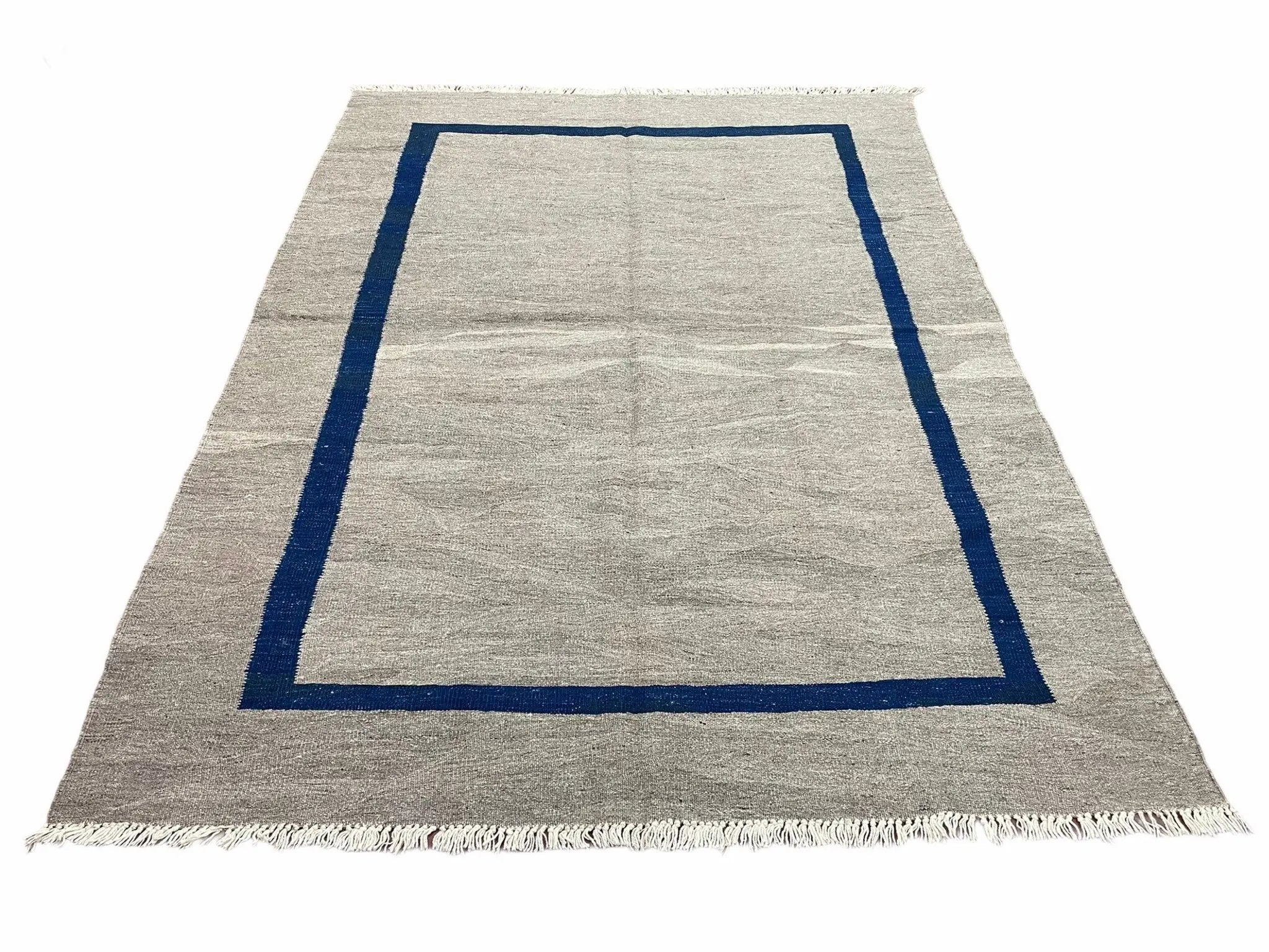 Geometric Turkish Kilim Rug 5' 7" x 7' 9", Flatweave Carpet, Minimal Design, Anatolian Carpet, Gray, Geometric, Dark Blue, Hand-Knotted, New by Jewel Rugs