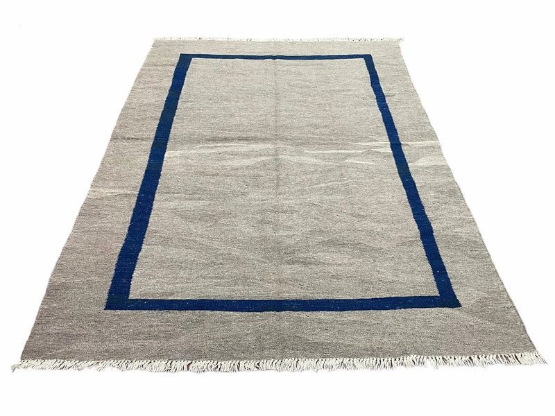 Geometric Turkish Kilim Rug 5' 7" x 7' 9", Flatweave Carpet, Minimal Design, Anatolian Carpet, Gray, Geometric, Dark Blue, Hand-Knotted, New by Jewel Rugs