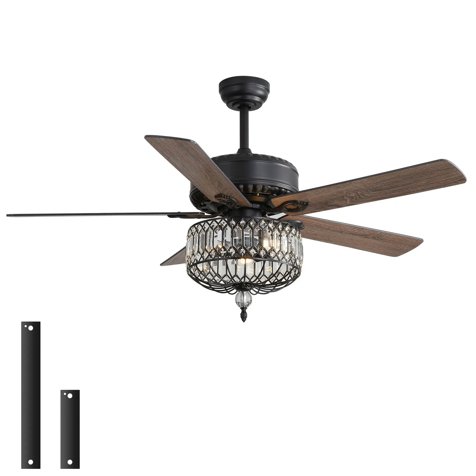 Ceiling Fan With Crystal Lampshade, 5 Blades, DC Motor, 6 Speed Remote Control, 1 / 4 / 8 Hour Timer - Black by Unique Piece Furniture