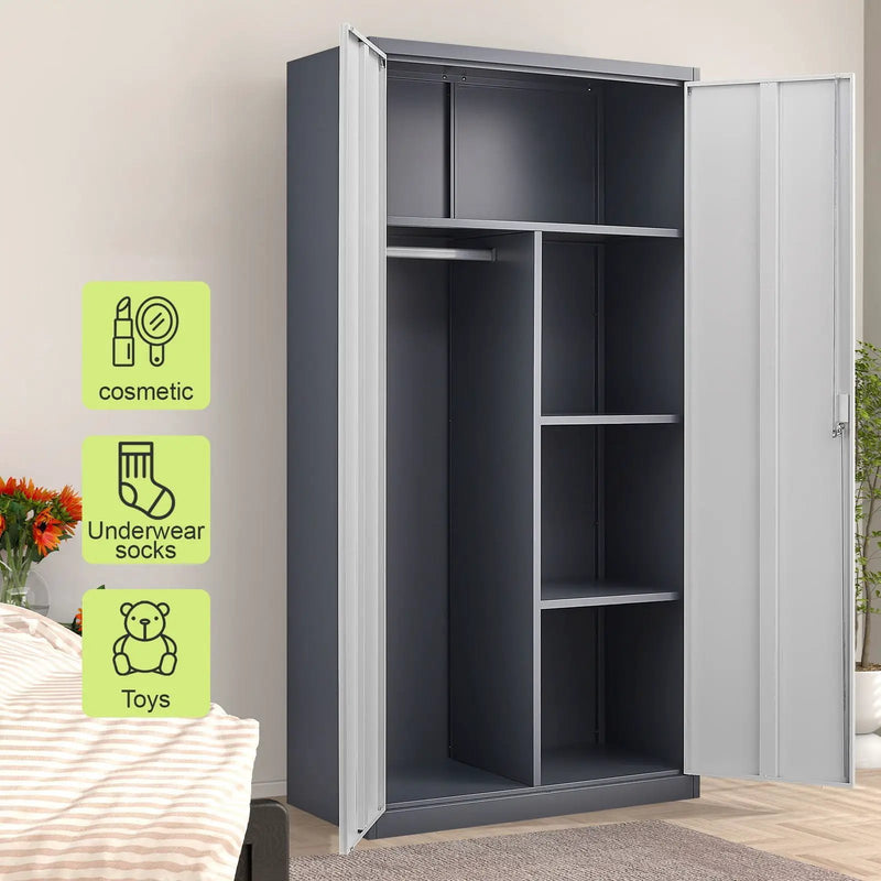 Wardrobe With Hanging Rod And Compartments, Lockable Closet With Locks & Keys For Bedroom - Gray by HouseOfZazla