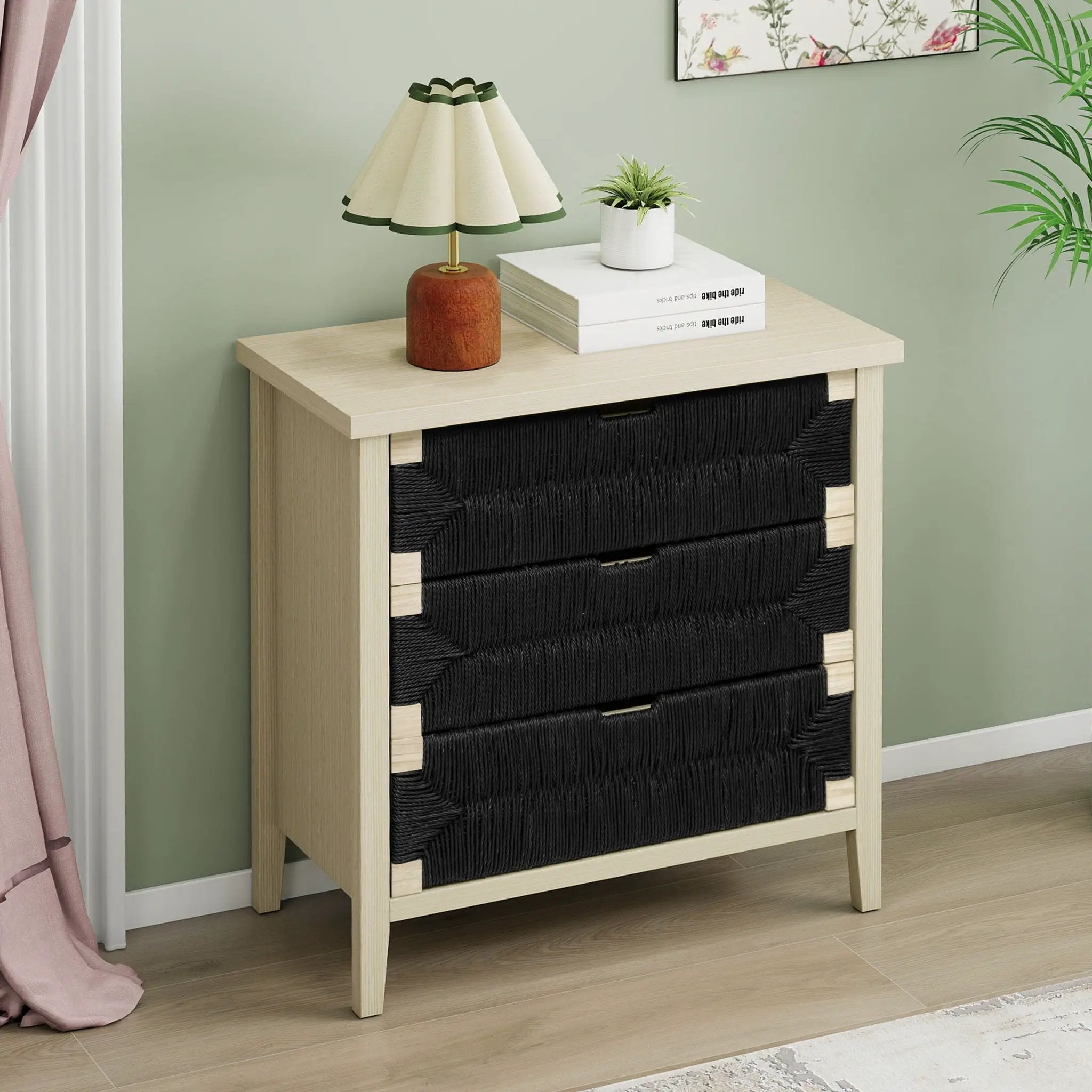 3 Drawer Buffet Sideboard With Adjustable Shelves, Storage Cabinet With Natural Seaweed Decor Doors For Living Room Kitchen Entryway - Natural by Unique Piece Furniture