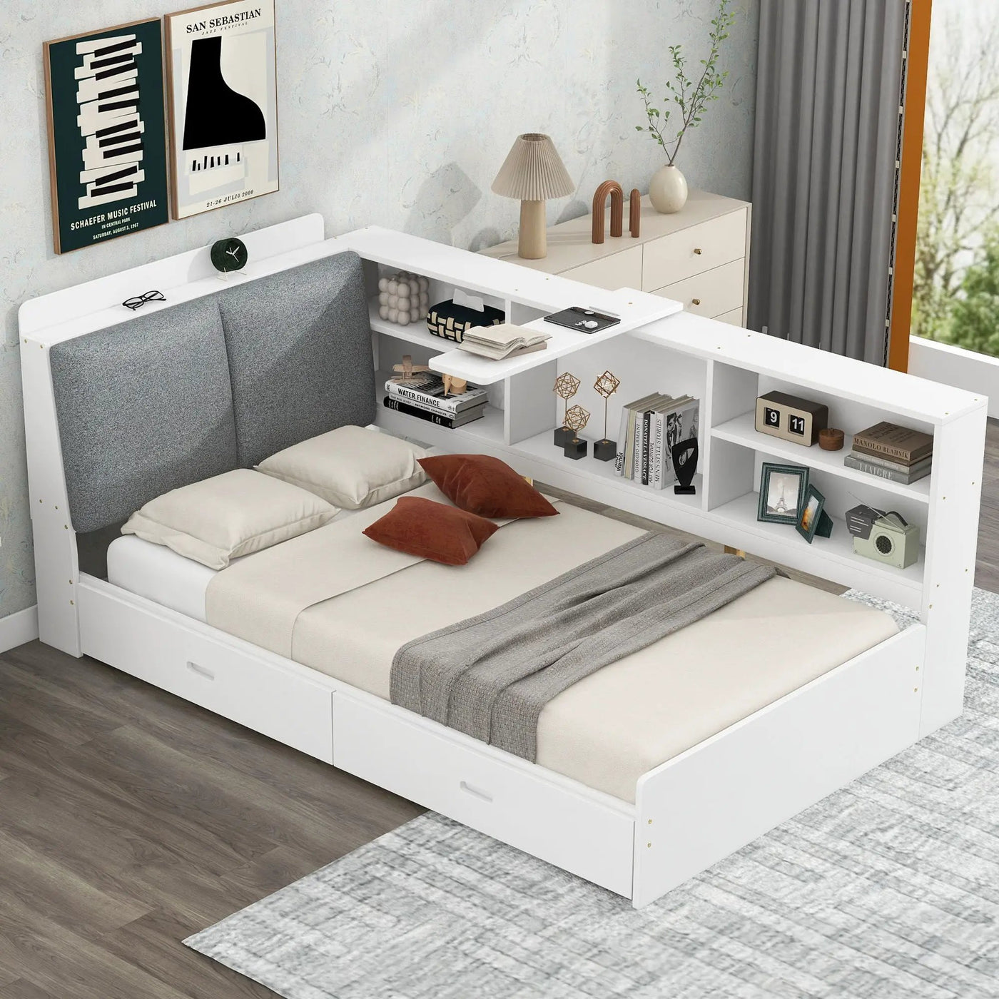 Platform Bed With Storage Headboard, Shelves And 2 Drawers by HouseOfZazla
