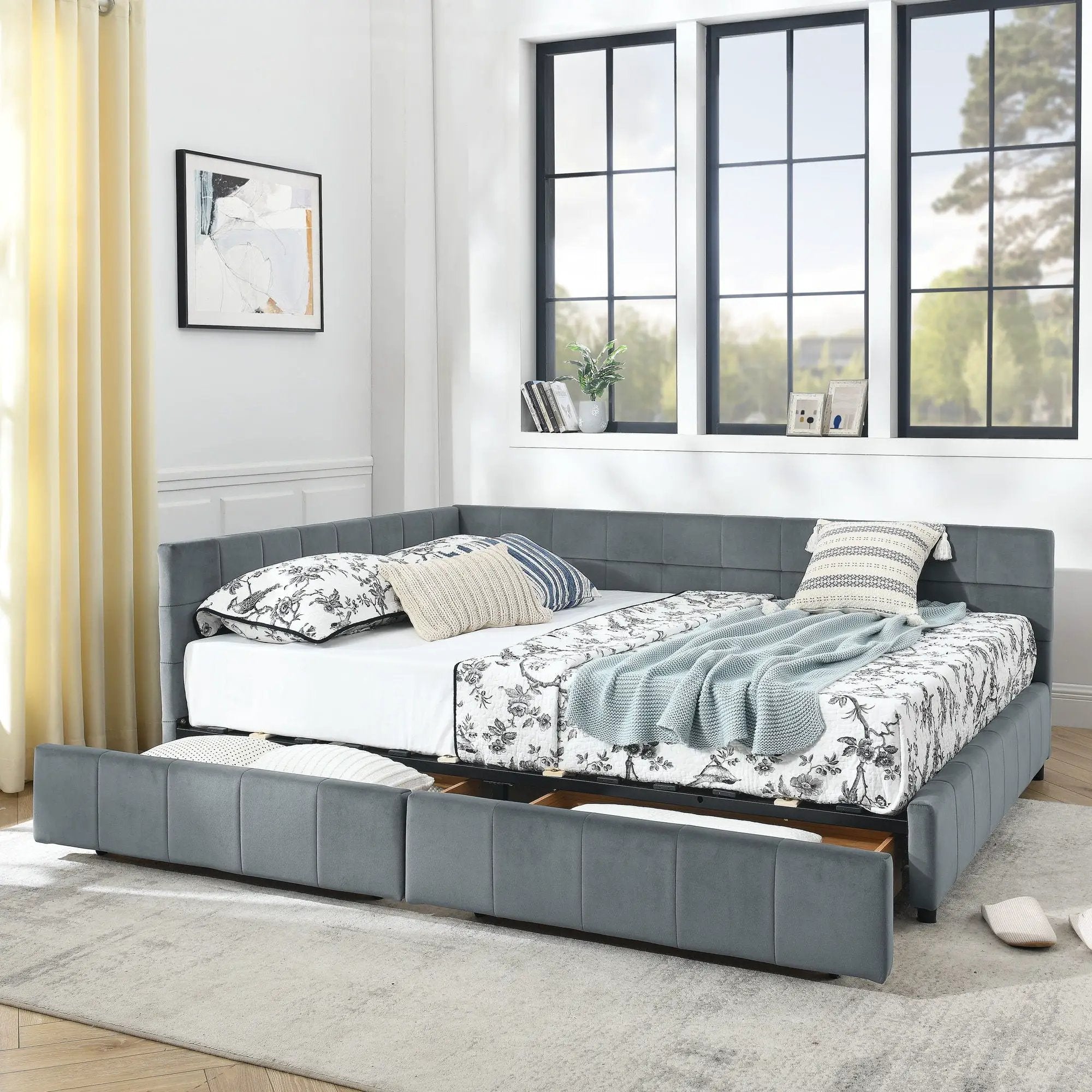 Mid-Century Storage Upholstered Tufted Bed Frame With Backrest And Armrests by Unique Piece Furniture