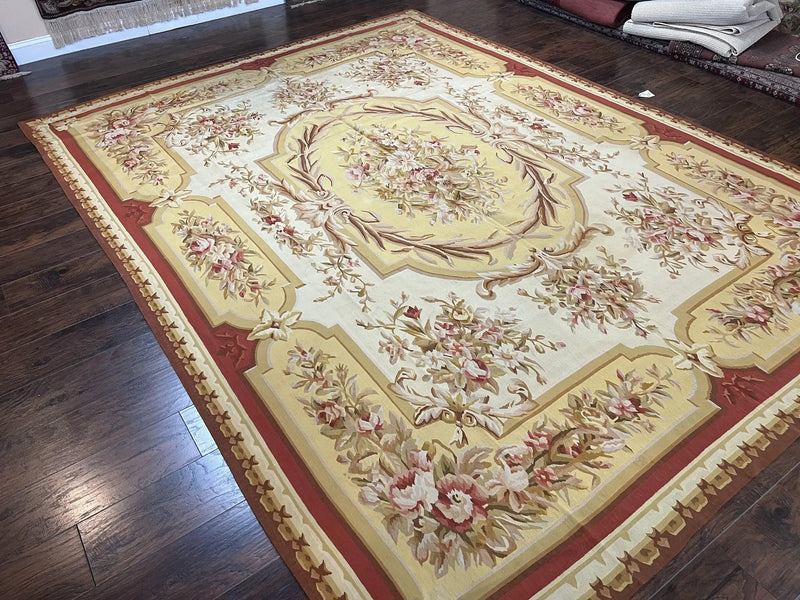 Aubusson Rug 9x12, Elegant Flatweave Savonnerie Carpet 9 x 12 ft, Ivory Light Yellow Red, Handmade Wool Flatweave French European Rug by Jewel Rugs