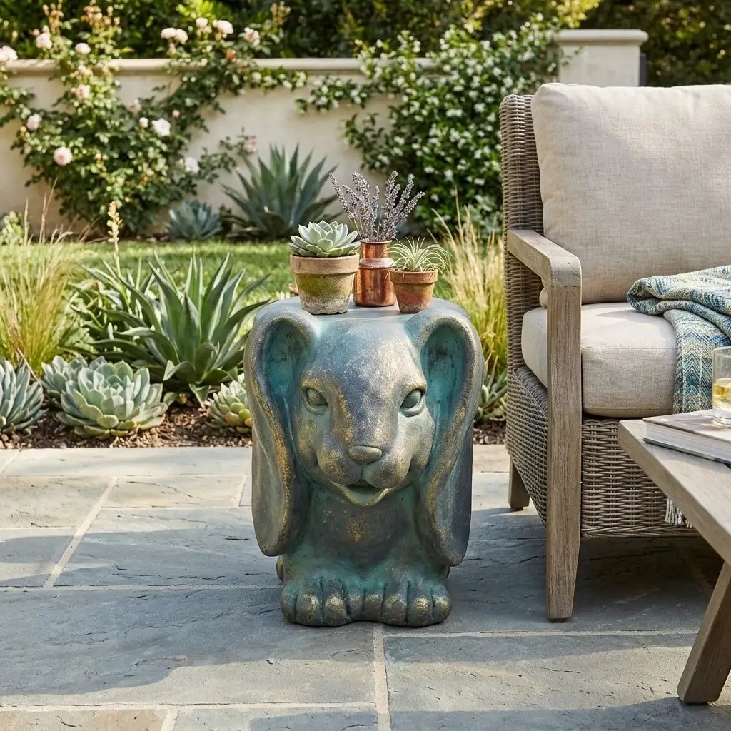 13inch High Rabbit Garden Stool, Lightweight Concrete, Gold Patina Finish, No Assembly Required by HouseOfZazla