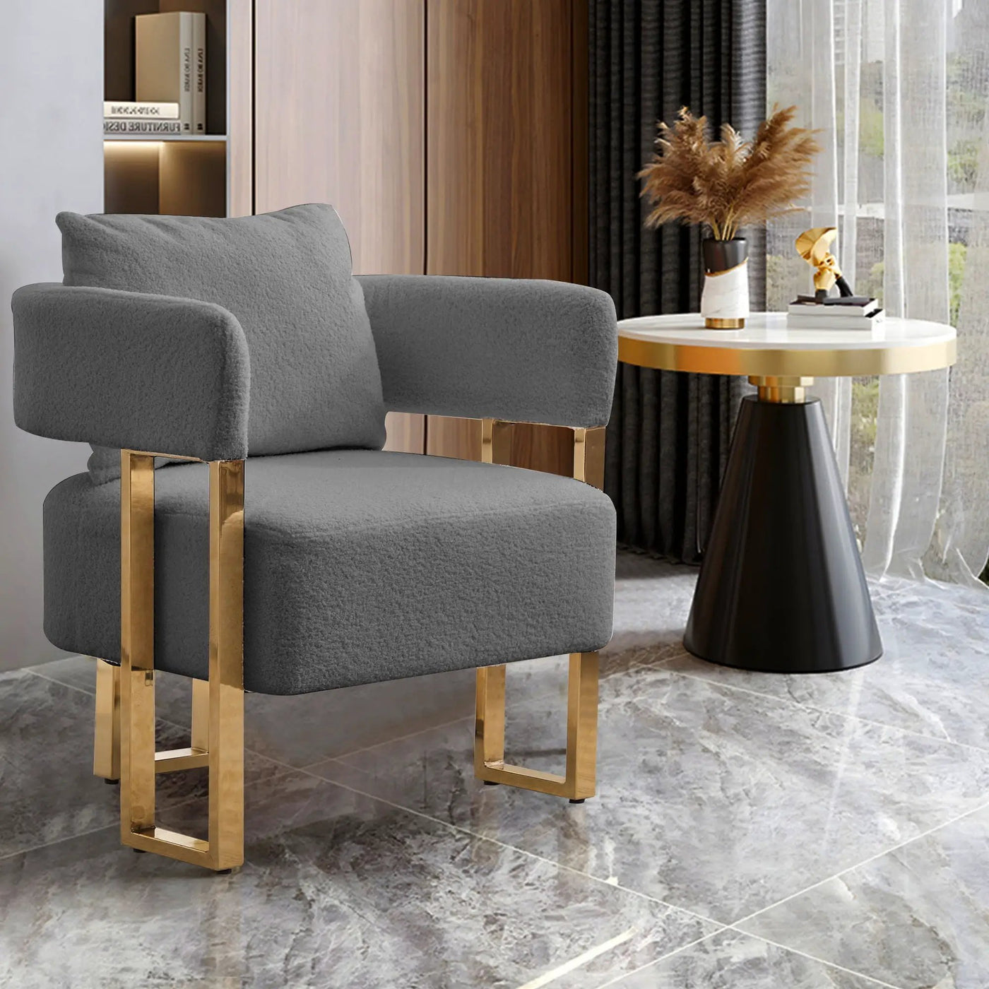 Modern Decorative Chair Teddy Fleece Upholstered And Metal Foot by HouseOfZazla