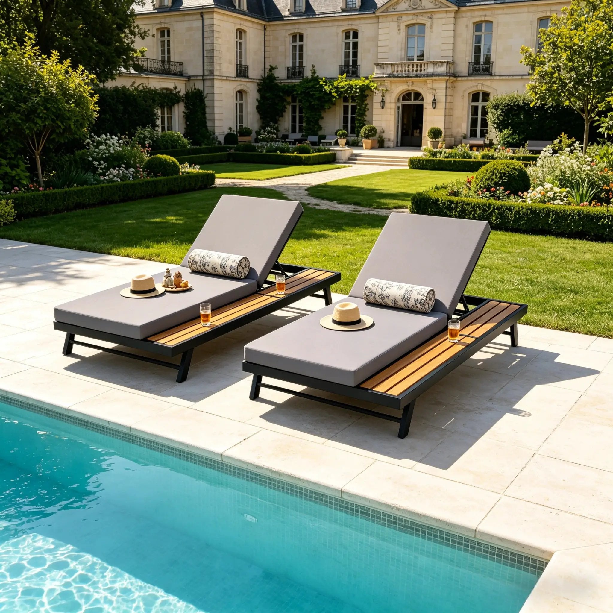 Black Iron + Teak Finish Chaise Lounge Set with Dark Grey Cushion by HouseOfZazla