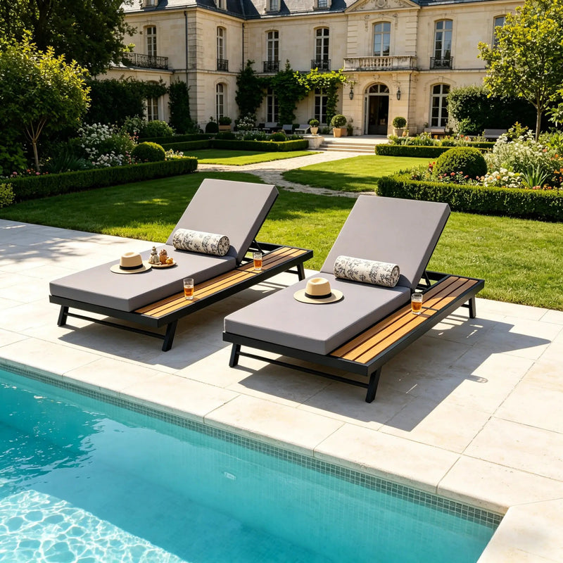 Black Iron + Teak Finish Chaise Lounge Set with Dark Grey Cushion by HouseOfZazla