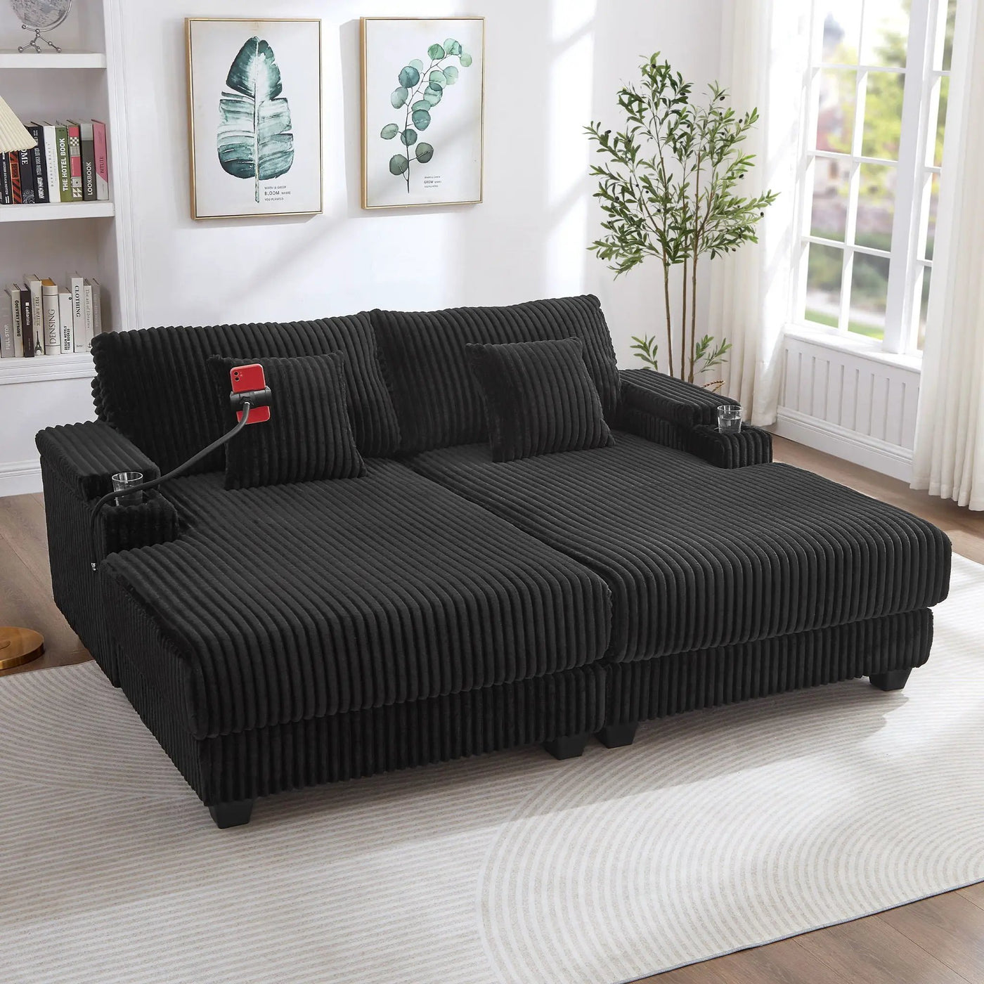 Modern Chaise Sofa With Adjustable Backrest, Cup Holders, Phone Holder & Storage Compartments For Living Room by Unique Piece Furniture