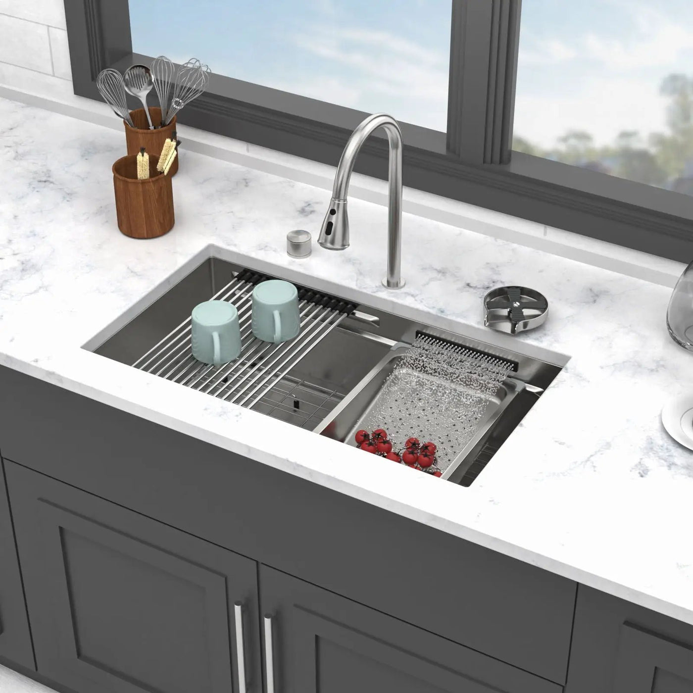 Undermount Stainless Steel Kitchen Sink With Pull Down Faucet & Ledge Workstation by HouseOfZazla
