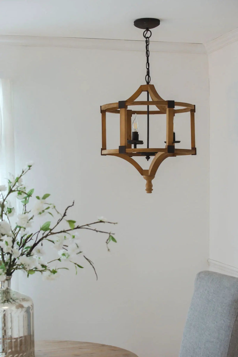 3 Light Wood Drum Chandelier, Hanging Light Fixture With Adjustable Chain For Kitchen, Bulb Not Included - Brown by HouseOfZazla