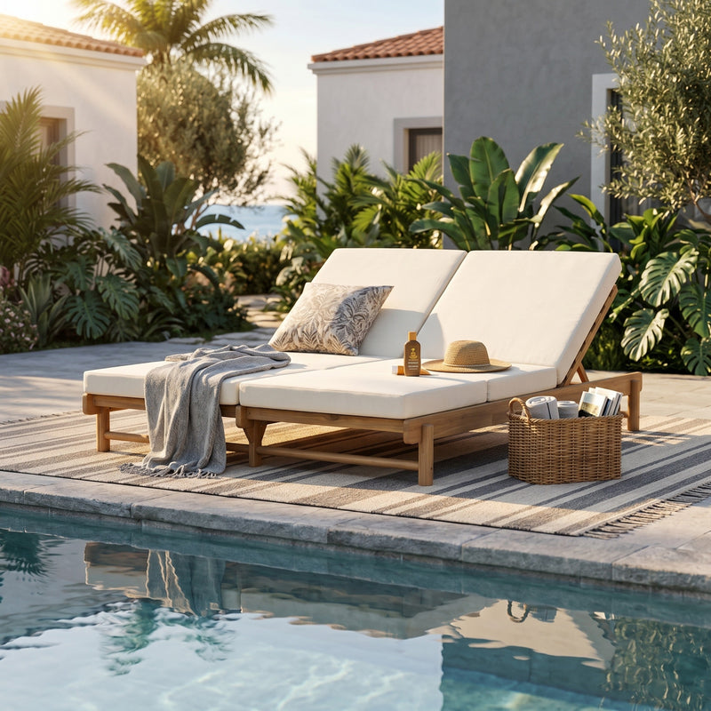 Light Teak Acacia Wood Double Chaise Lounger Set
