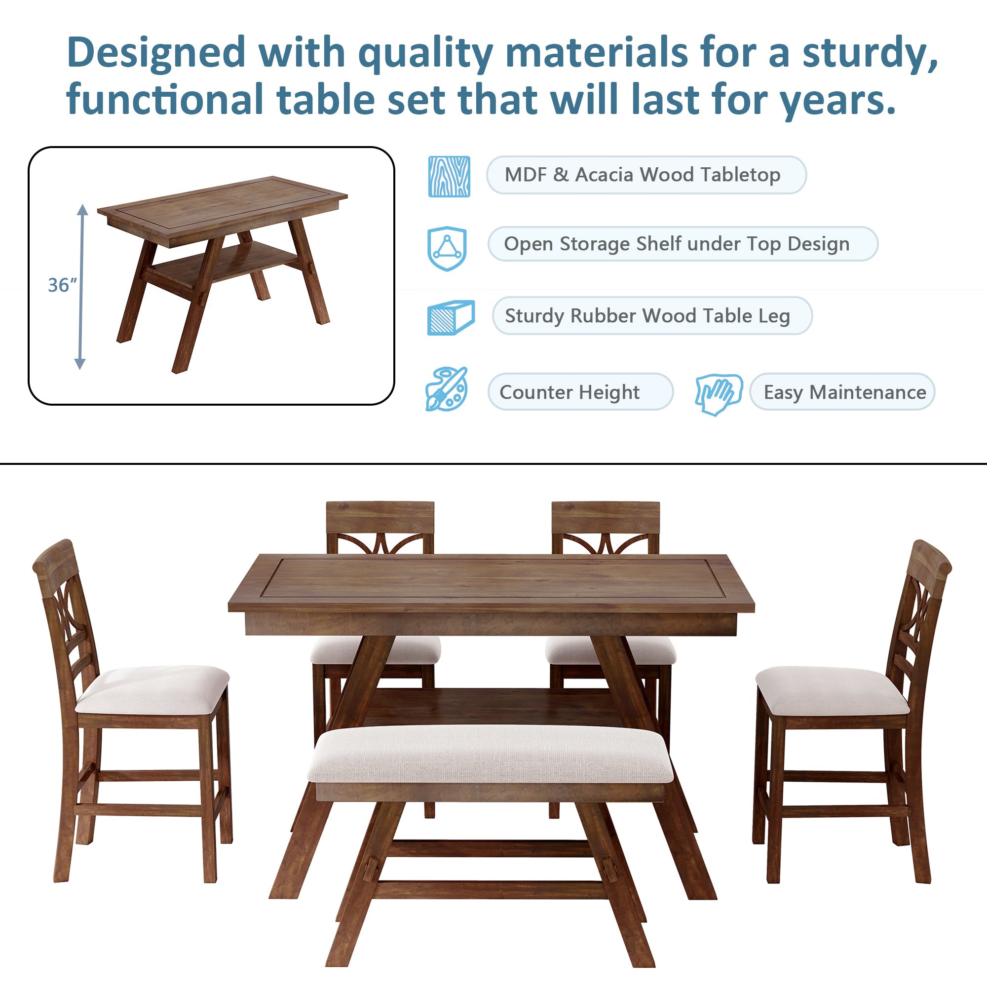 Topmax 6-Piece Wood Counter Height Dining Table Set with Storage Shelf by HouseOfZazla