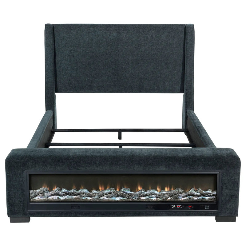 Preston Upholstered Eastern King Audio Flame Visualizer Bed Dark Blue by Unique Piece Furniture