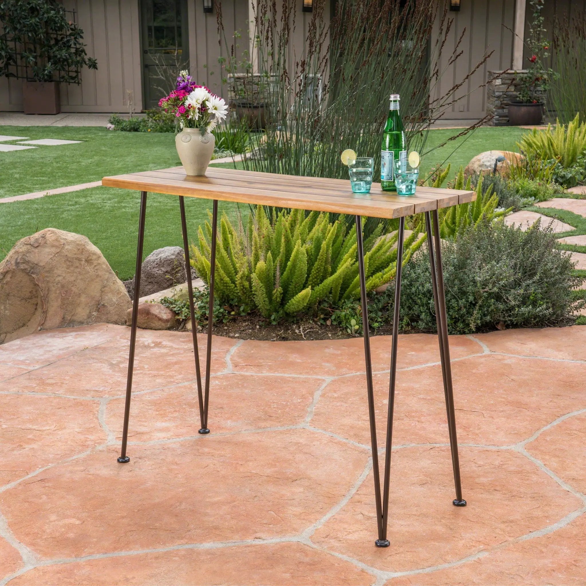 Outdoor Bar Table with Wood Tabletop and Iron Hairpin Legs - Black / Teak by HouseOfZazla