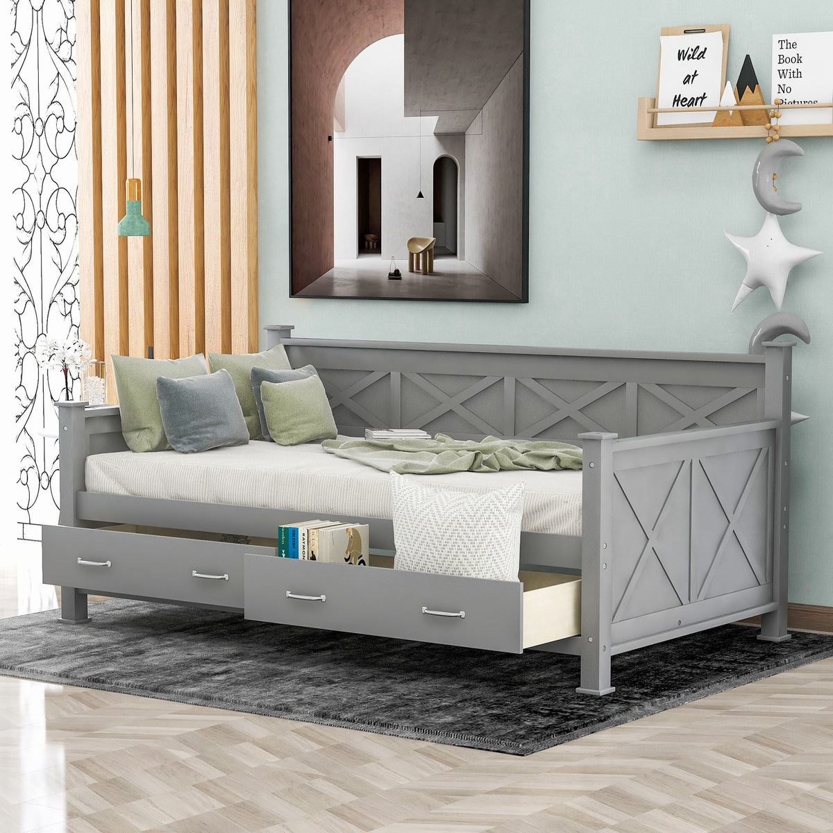 Modern Daybed with 2 Large Drawers and X Shaped Frame - Twin, Dark Gray or White, photo 15 of 28