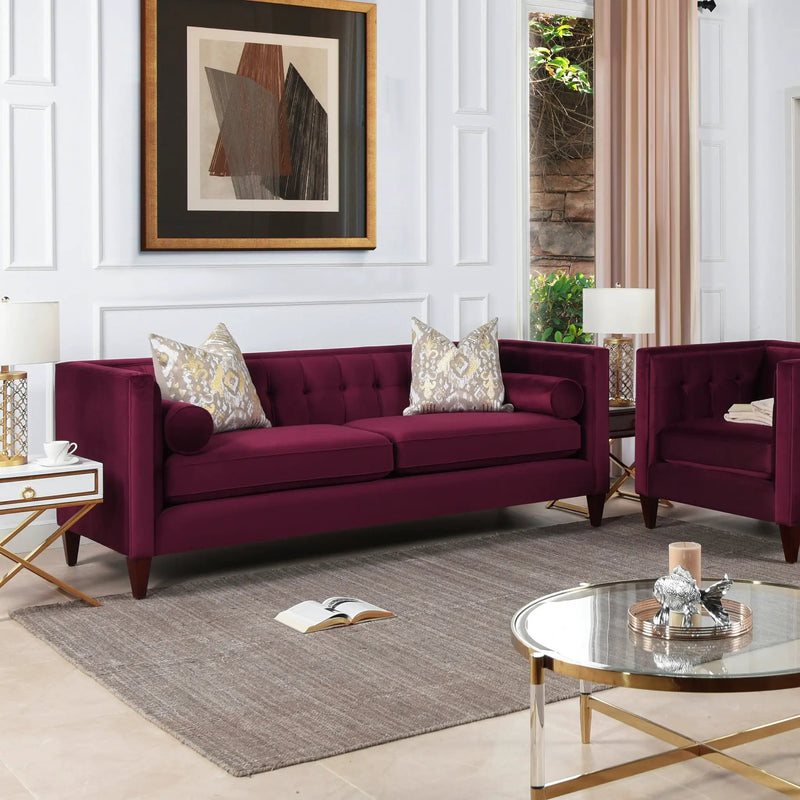Jack 84" Modern Tuxedo Tufted Sofa, Burgundy Velvet by HouseOfZazla