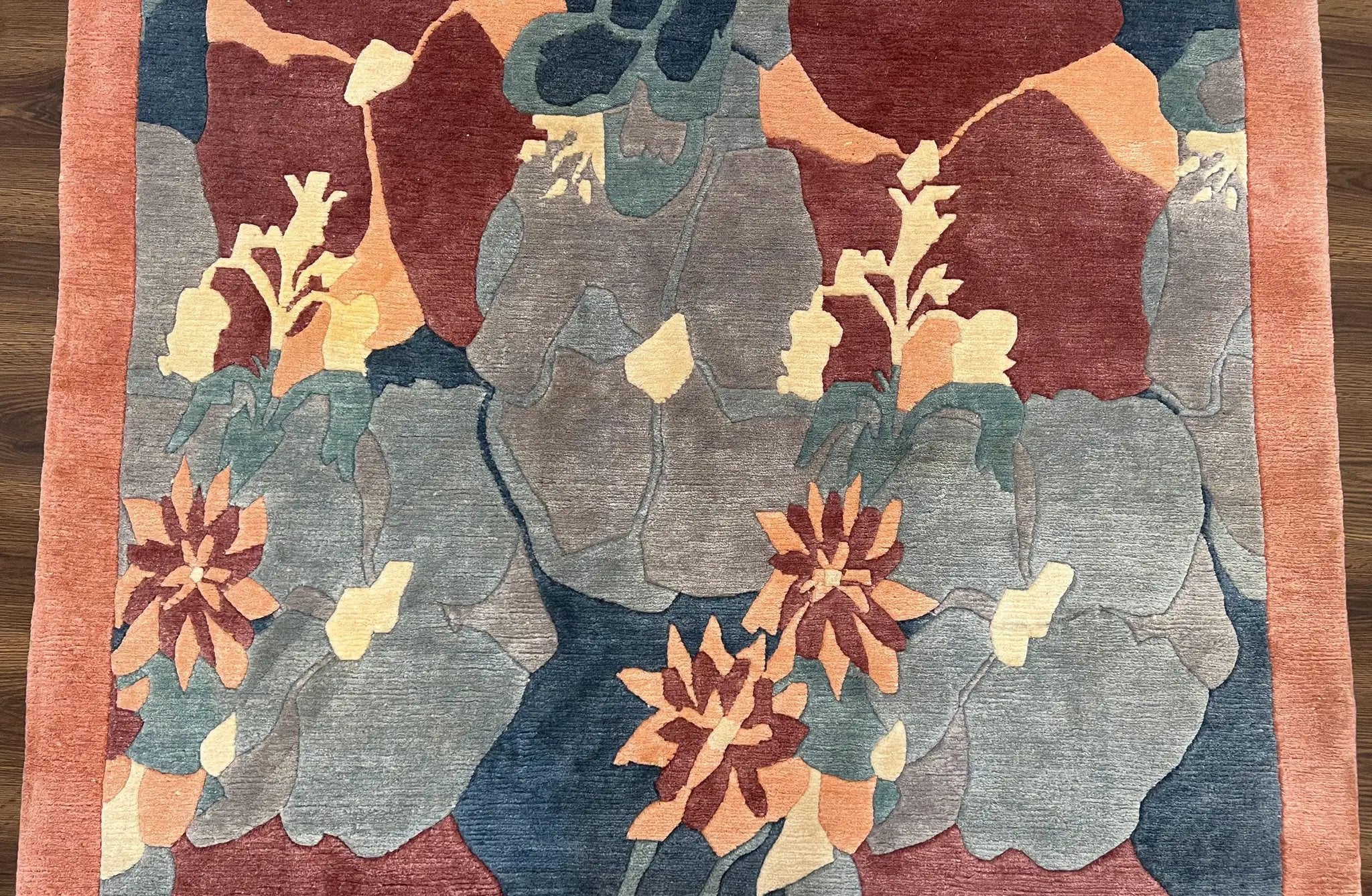 Modern Tibetan Rug 5.7 x 7.9, Abstract Multicolor Flower Pattern, Navy Blue Maroon Salmon, Soft Wool, Hand Knotted Contemporary Carpet 6x8 by Jewel Rugs