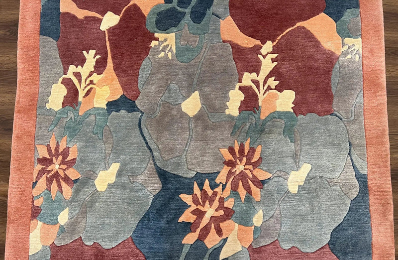 Modern Tibetan Rug 5.7 x 7.9, Abstract Multicolor Flower Pattern, Navy Blue Maroon Salmon, Soft Wool, Hand Knotted Contemporary Carpet 6x8 by Jewel Rugs
