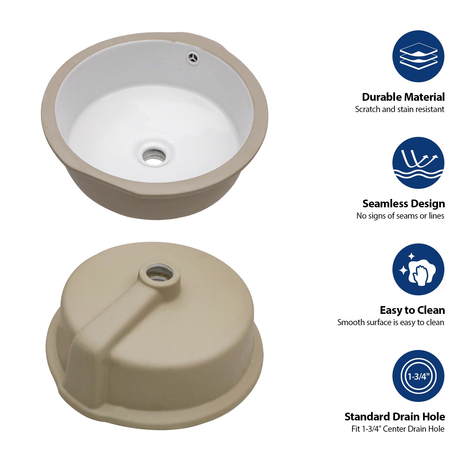 Ceramic Round Undermount Bathroom Sink With Overflow, European Style - White by HouseOfZazla