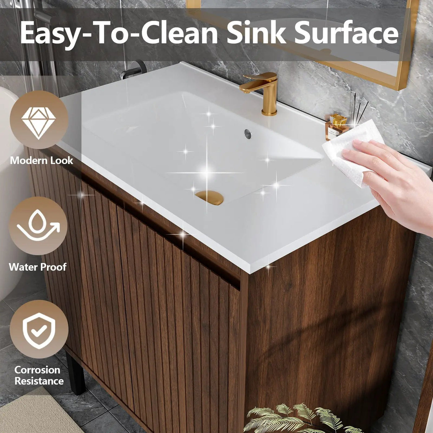 Bathroom Vanity With Ceramic Sink, Floor-Standing Design, Soft-Closing Drawers by HouseOfZazla