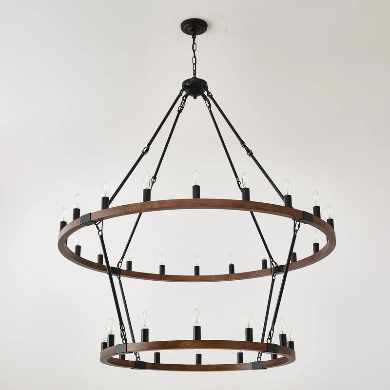 Large Solid Wood Wagon Wheel Chandelier, 2-Tier 32-Lights by HouseOfZazla