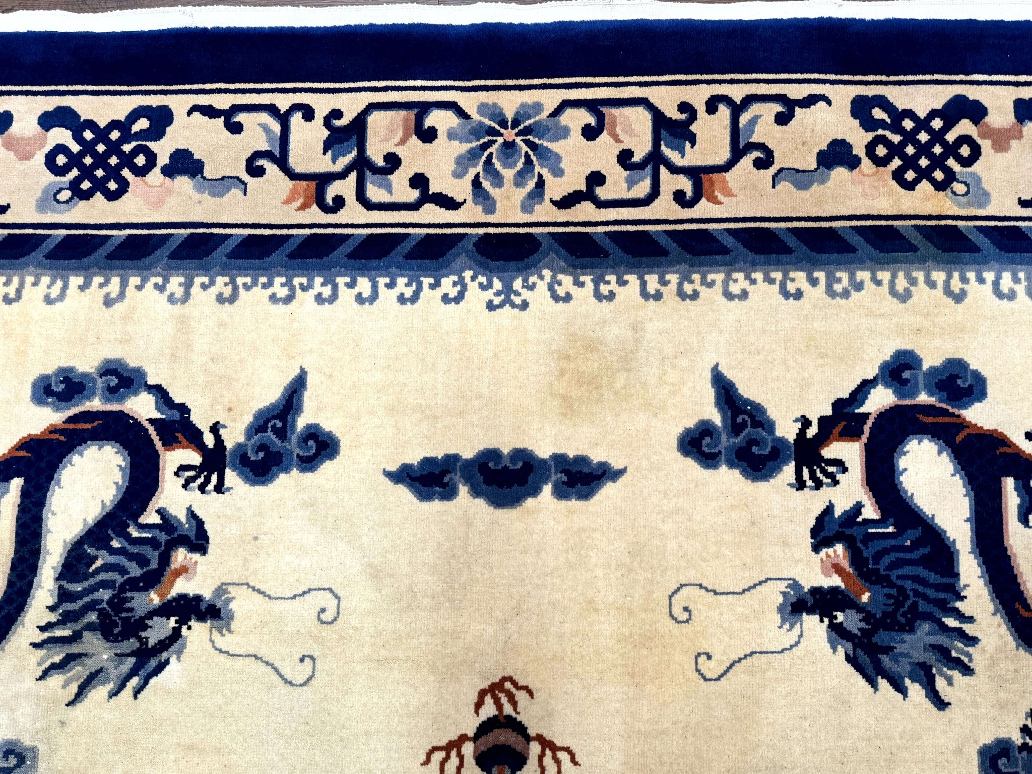 Chinese Dragon Peking Rug 8 x 11.6, Ivory and Blue, Chinese Wool Rug, Vintage by Jewel Rugs