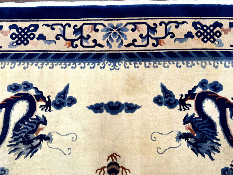 Chinese Dragon Peking Rug 8 x 11.6, Ivory and Blue, Chinese Wool Rug, Vintage by Jewel Rugs