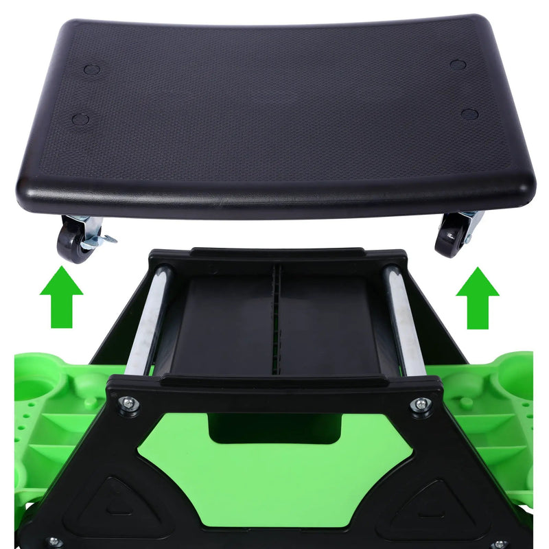 Rolling Detailing Creeper Seat With Wheels, Removable Tool Trays, 300 Lbs Capacity - Green by HouseOfZazla