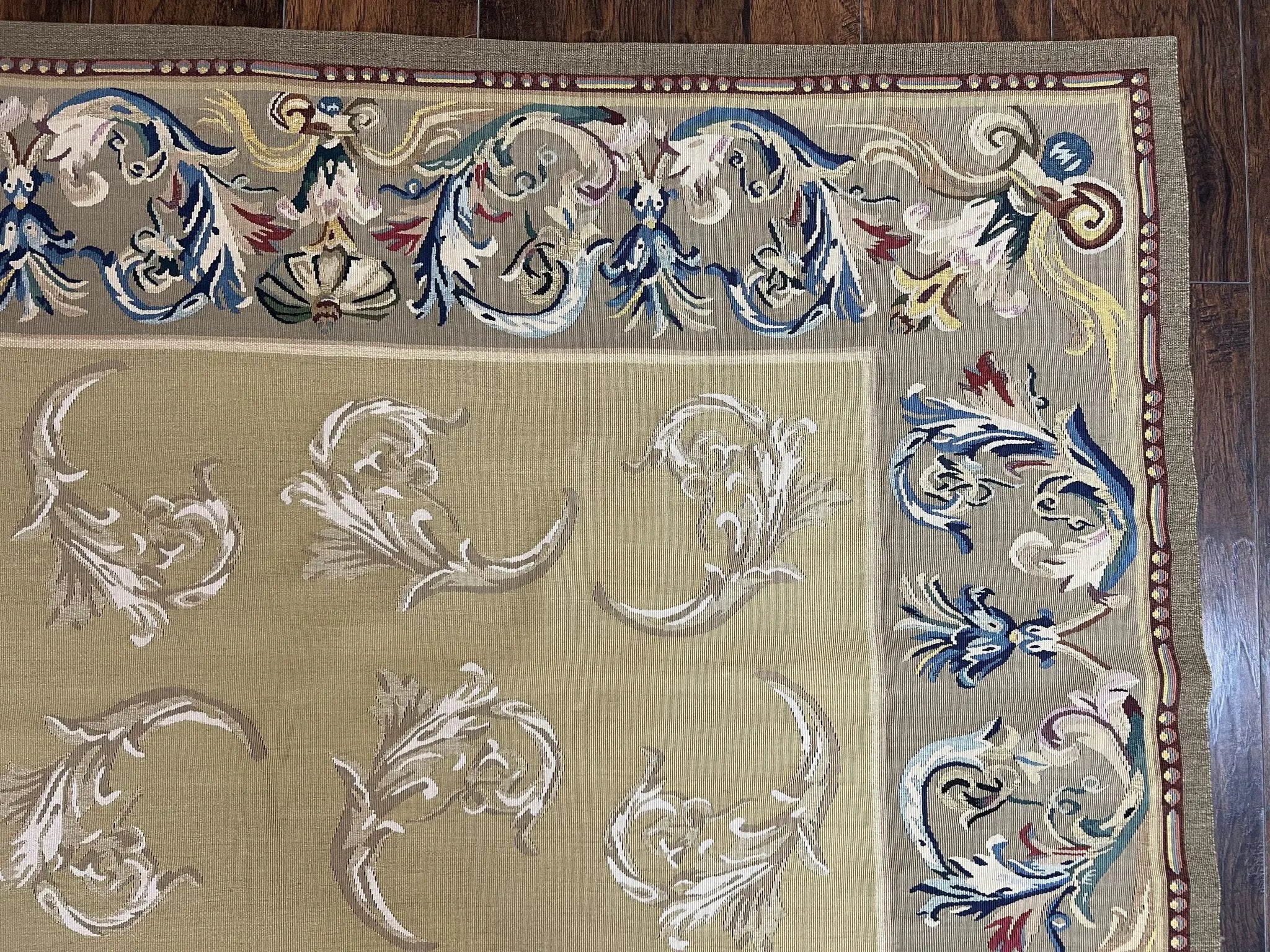 Vintage Aubusson Flatweave Area Rug 9x12, Aubusson Weave, Wool, Beige, Handmade, French European Design, 8'9" x 11'9" by Jewel Rugs