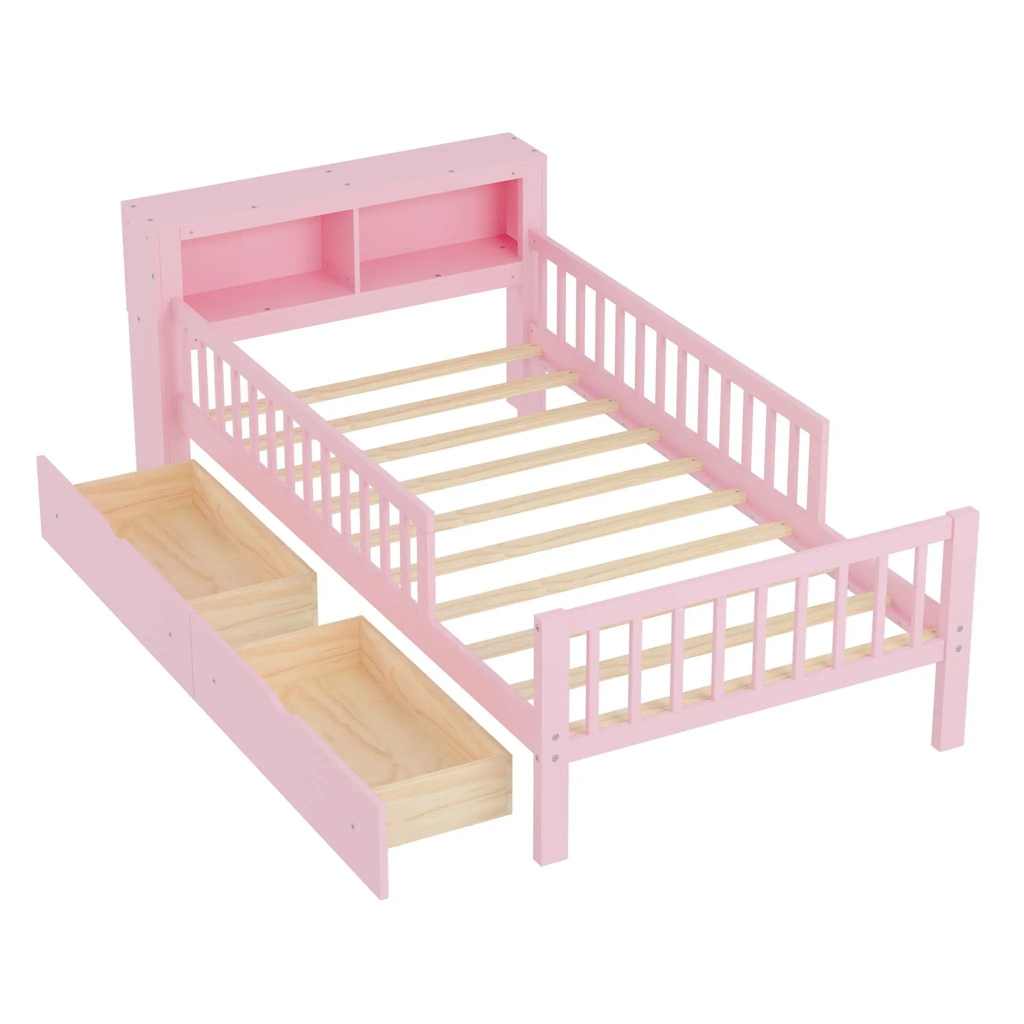 Bed With Headboard Storage Rack, 2 Under Bed Drawers, 3 Side Guardrails For Safety by HouseOfZazla