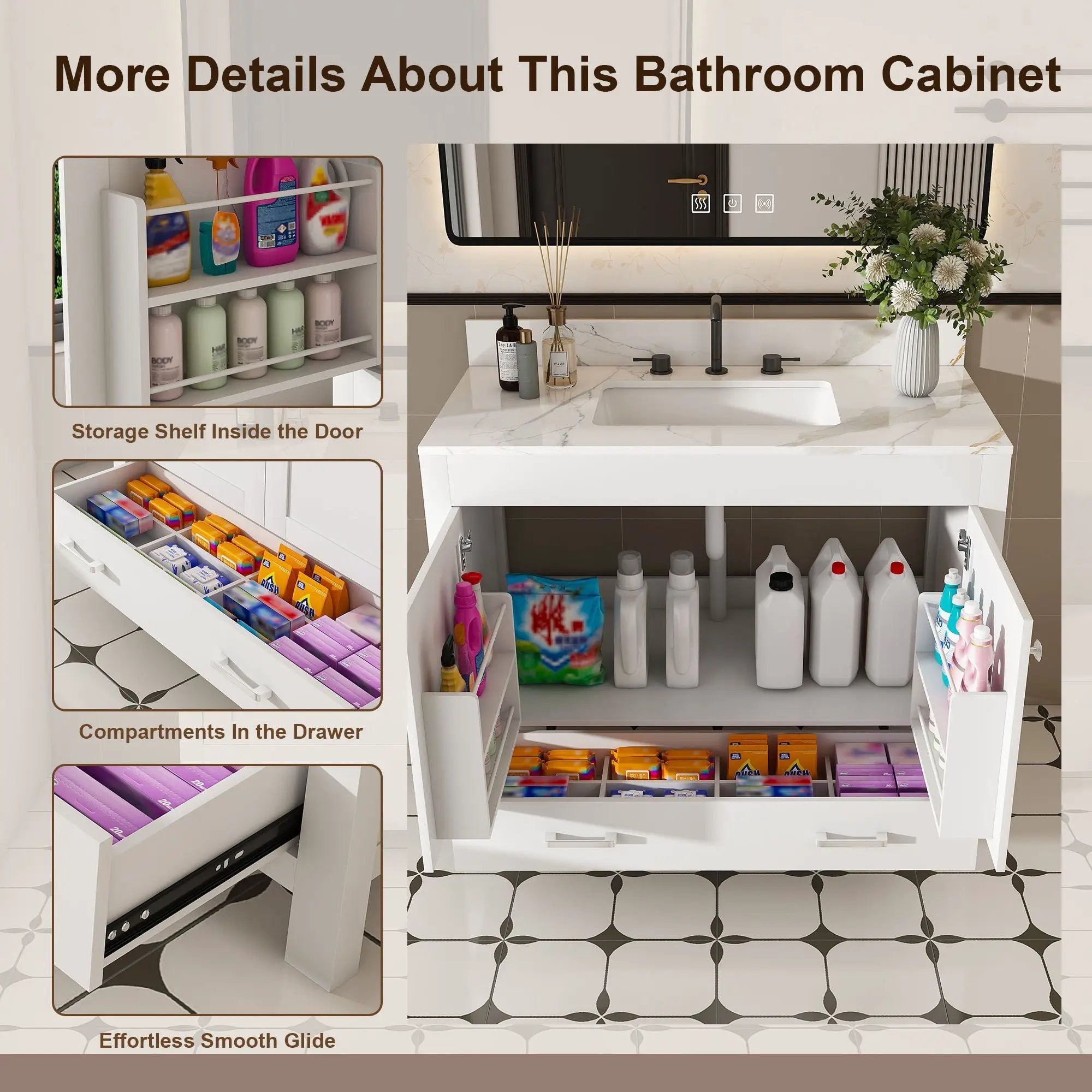 43" Bathroom Vanity, Multi Functional Cabinet With Doors And Drawer - White by HouseOfZazla