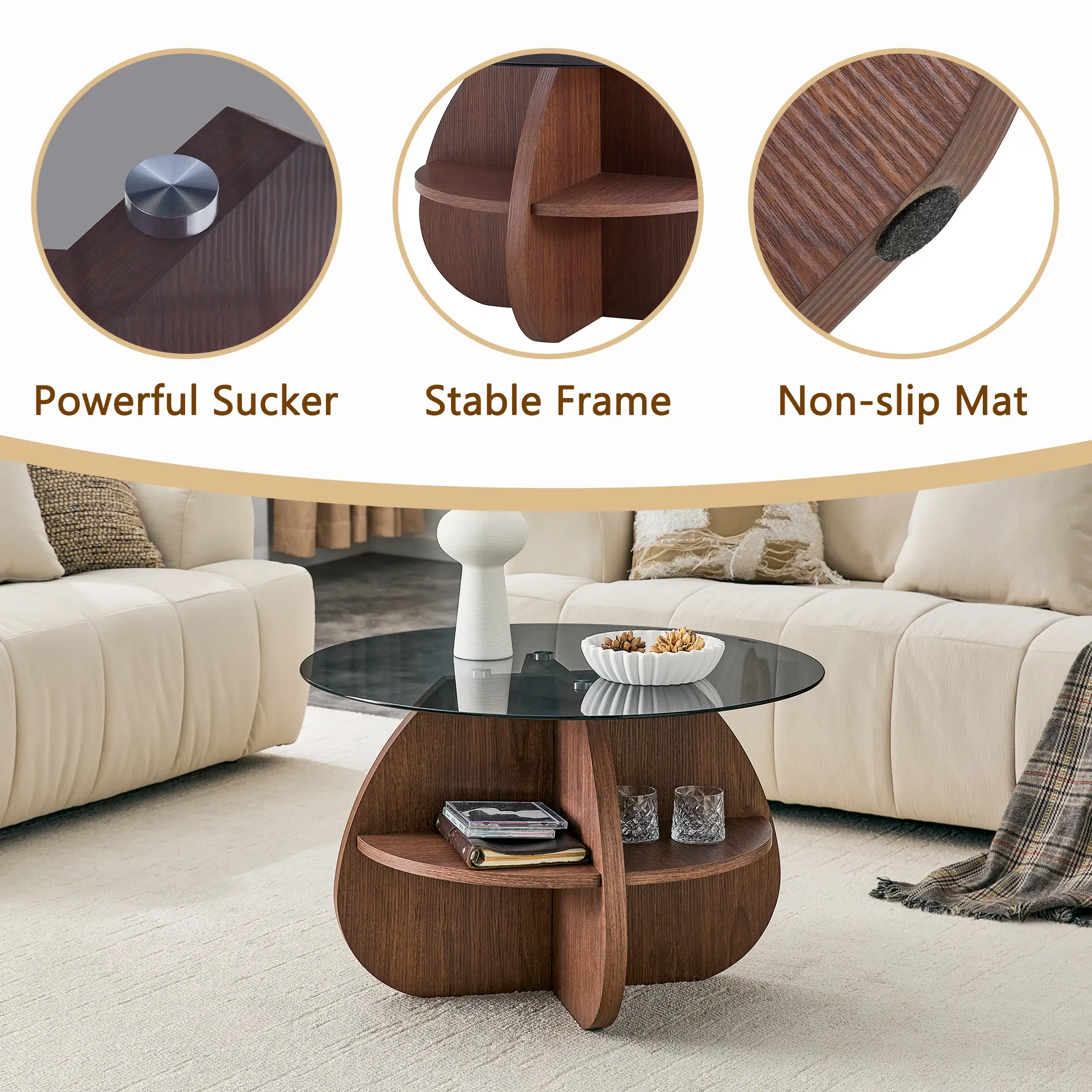 Creative Cross-Structure Round Coffee Table with Glass Top by HouseOfZazla